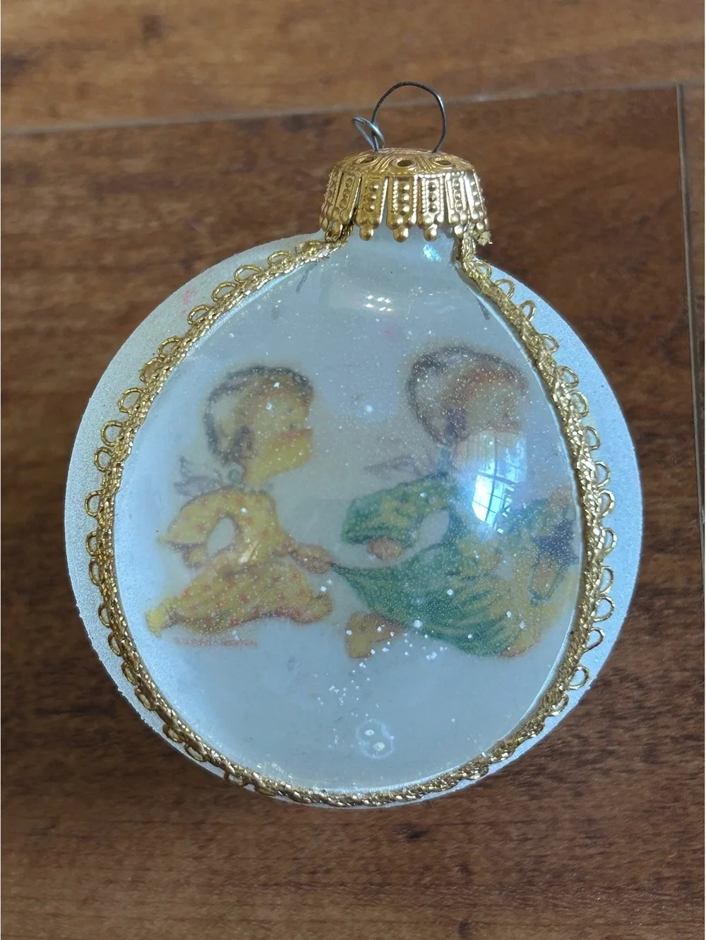 Vintage Hand-Painted Glass Christmas Ornament with Children Motif
